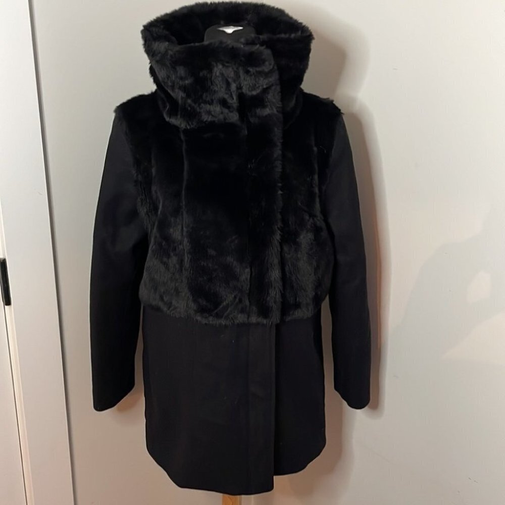 The Kooples faux fur detail winter jacket zip up high collar elegant career sz L